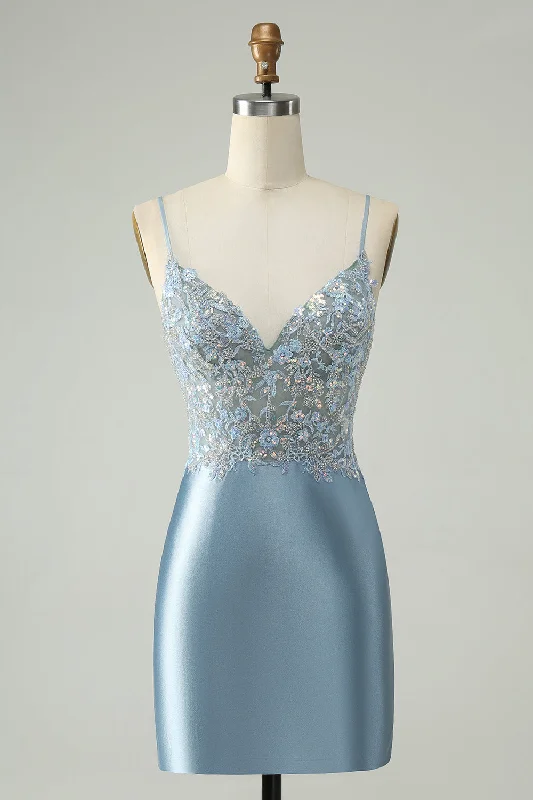 A - line party dresses with a floral print for spring eventsGlitter Dusty Blue Beaded Floral Tight Satin Short Prom Dress A - line party dresses with a floral print for spring eventsGlitter Dusty Blue Beaded Floral Tight Satin Short Prom Dress