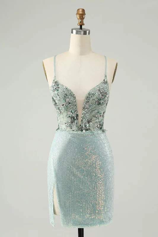 Midi - length party dresses for a modest and fashionable choiceGlitter Dusty Green Tight Sequins V Neck Short Prom Dress Midi - length party dresses for a modest and fashionable choiceGlitter Dusty Green Tight Sequins V Neck Short Prom Dress