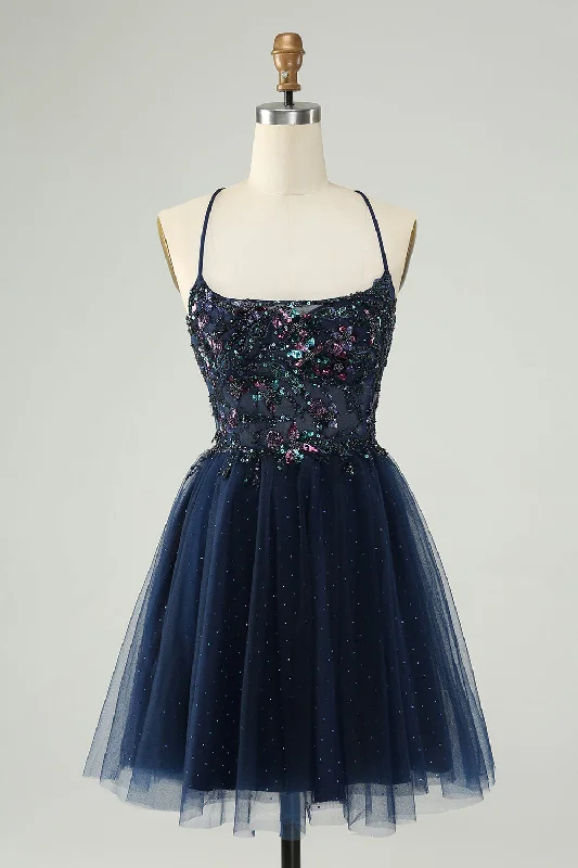 Party dresses with a pom - pom trim for a fun and festive touchGlitter Navy A-Line Sequined Tulle Short Prom Dress Party dresses with a pom - pom trim for a fun and festive touchGlitter Navy A-Line Sequined Tulle Short Prom Dress