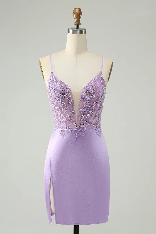 Halter - neck party dresses for a stylish and secure fitGlitter Purple V Neck Tight Sequined Appliques Short Prom Dress Halter - neck party dresses for a stylish and secure fitGlitter Purple V Neck Tight Sequined Appliques Short Prom Dress