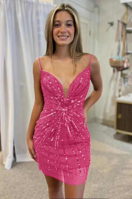 Party dresses with a cut - out design for a daring and edgy style​Glitter Fuchsia Tight Sequind Spaghetti Straps Short Prom Dress