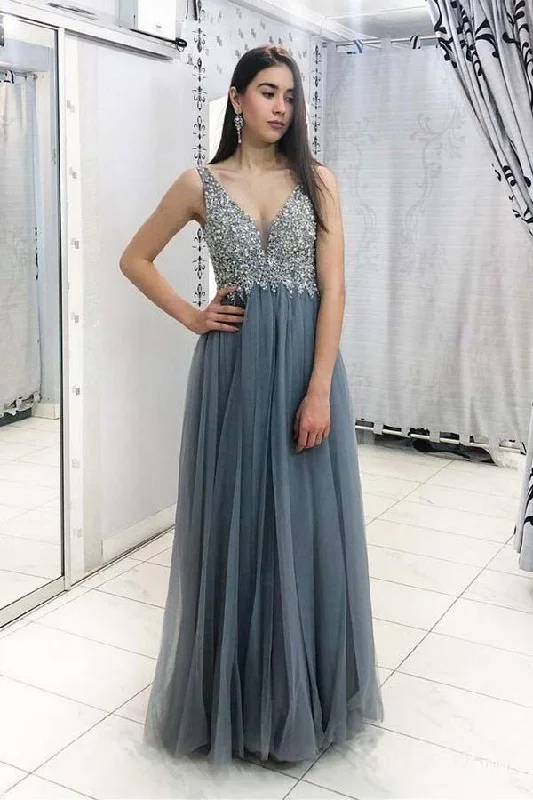 Beach party dresses made of lightweight and breathable fabricGrey Beaded Long Prom Dresses V Neck Tulle Long Evening Dress PG890 Beach party dresses made of lightweight and breathable fabricGrey Beaded Long Prom Dresses V Neck Tulle Long Evening Dress PG890