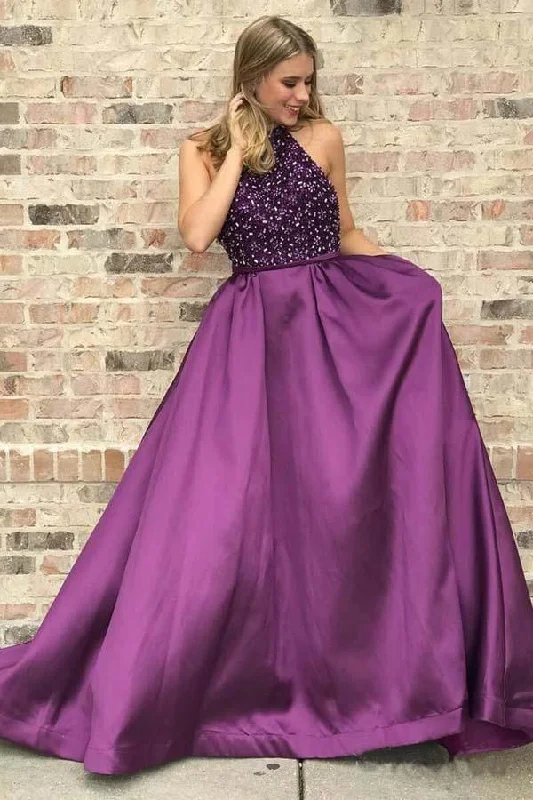 Party dresses with a lace overlay for a feminine touchHigh Neck Purple Long Prom Dresses Beaded Elegant Junior Prom Dress PG839 Party dresses with a lace overlay for a feminine touchHigh Neck Purple Long Prom Dresses Beaded Elegant Junior Prom Dress PG839