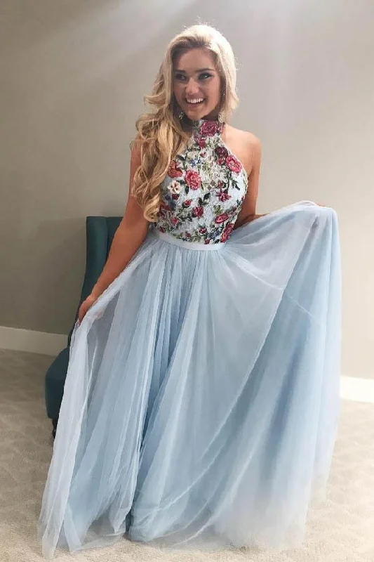 Party dresses with a bow detail for a cute and charming touchHigh Neck Tulle Sky Blue Long Prom/Formal Dress with Embroidery PG860 Party dresses with a bow detail for a cute and charming touchHigh Neck Tulle Sky Blue Long Prom/Formal Dress with Embroidery PG860