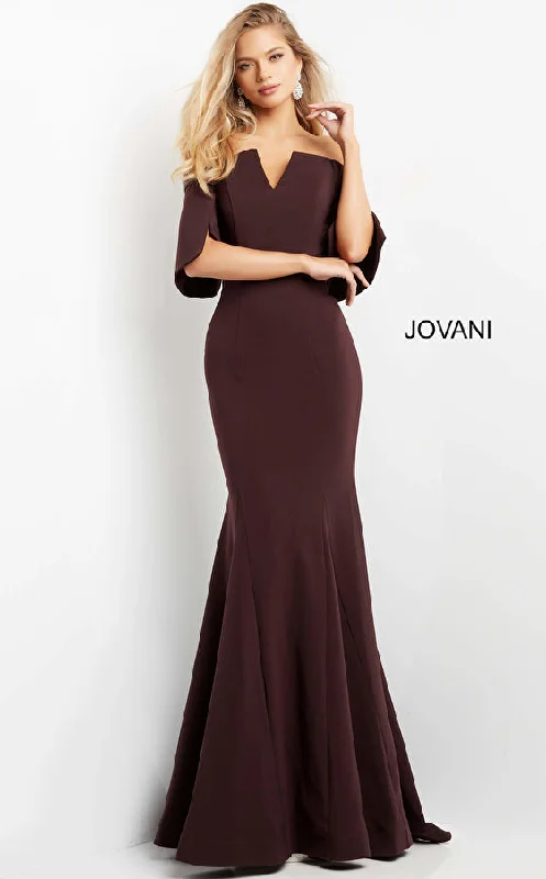 Party dresses with a detachable train for added versatility​Jovani 04341 Off Shoulder Sheath Mermaid Formal Dress