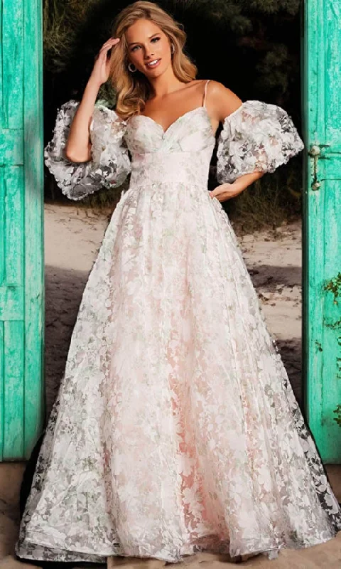 Party dresses with a peplum waist for a feminine and flattering silhouetteJovani 37531 Puff Sleeve Floral A Line Long Prom Dress Party dresses with a peplum waist for a feminine and flattering silhouetteJovani 37531 Puff Sleeve Floral A Line Long Prom Dress