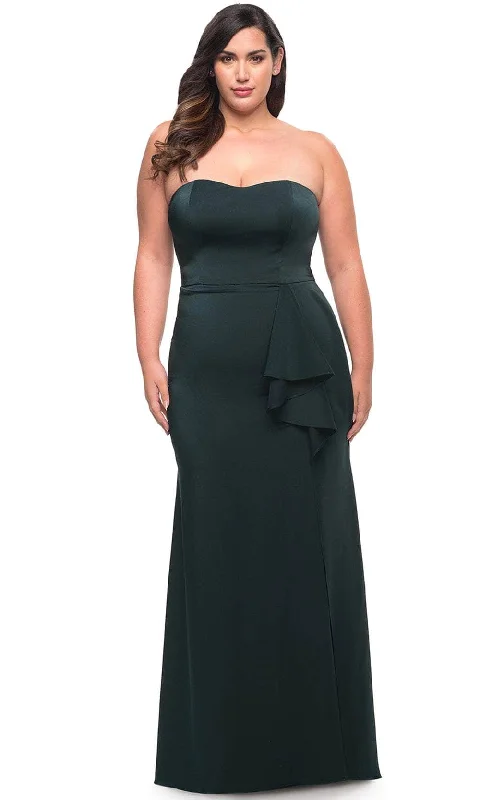 Formal dresses with button - front designs and tulle skirts for a charming prom styleLa Femme 29664 - Strapless Ruffled Slit Prom Gown Formal dresses with button - front designs and tulle skirts for a charming prom styleLa Femme 29664 - Strapless Ruffled Slit Prom Gown