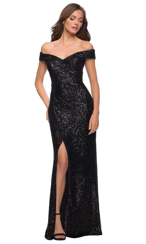 Prom dresses with metallic - colored fabrics and beaded embroidery for a glamorous promLa Femme - 29831 Off Shoulder High Slit Full Sequin Gown Prom dresses with metallic - colored fabrics and beaded embroidery for a glamorous promLa Femme - 29831 Off Shoulder High Slit Full Sequin Gown