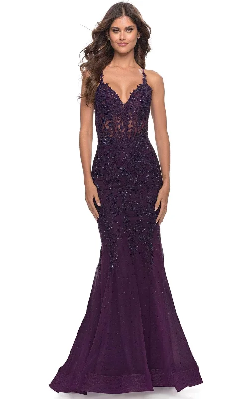 Long - train formal dresses in chiffon for a dramatic prom entranceLa Femme 31344 - Sheer Lace Applique Long Dress Long - train formal dresses in chiffon for a dramatic prom entranceLa Femme 31344 - Sheer Lace Applique Long Dress