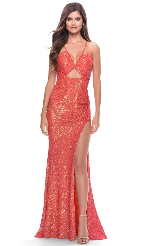 Prom dresses with cold - shoulder cutouts and satin bows for a trendy lookLa Femme 31449 - V Neck Sequined Ruch Long Prom Gown Prom dresses with cold - shoulder cutouts and satin bows for a trendy lookLa Femme 31449 - V Neck Sequined Ruch Long Prom Gown