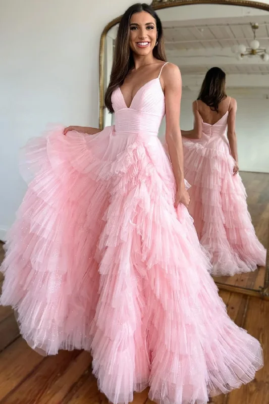 Party dresses with a lace overlay for a feminine touchLight Pink Tulle Tiered A-Line Long Prom Dress Party dresses with a lace overlay for a feminine touchLight Pink Tulle Tiered A-Line Long Prom Dress