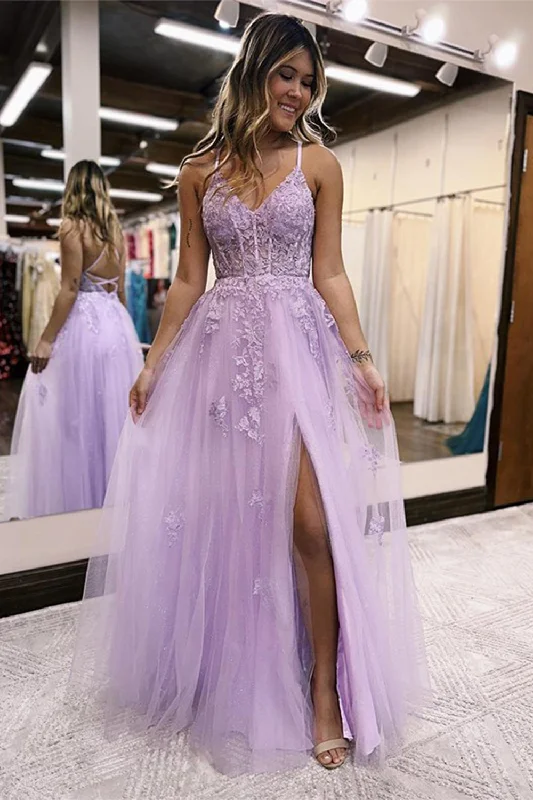 Sparkly sequined party dresses for a glamorous lookLilac A-Line Spaghetti Straps Lace Long Prom Dress with Slit Sparkly sequined party dresses for a glamorous lookLilac A-Line Spaghetti Straps Lace Long Prom Dress with Slit