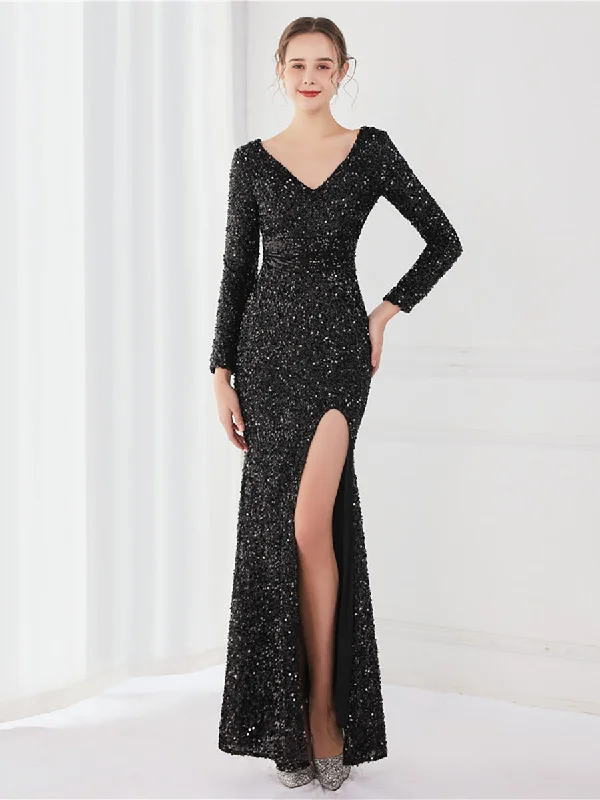 Sequined formal dresses with open backs for a sexy prom styleLong Sleeve Solid V-neck Sequin Prom Dress MCW1133
