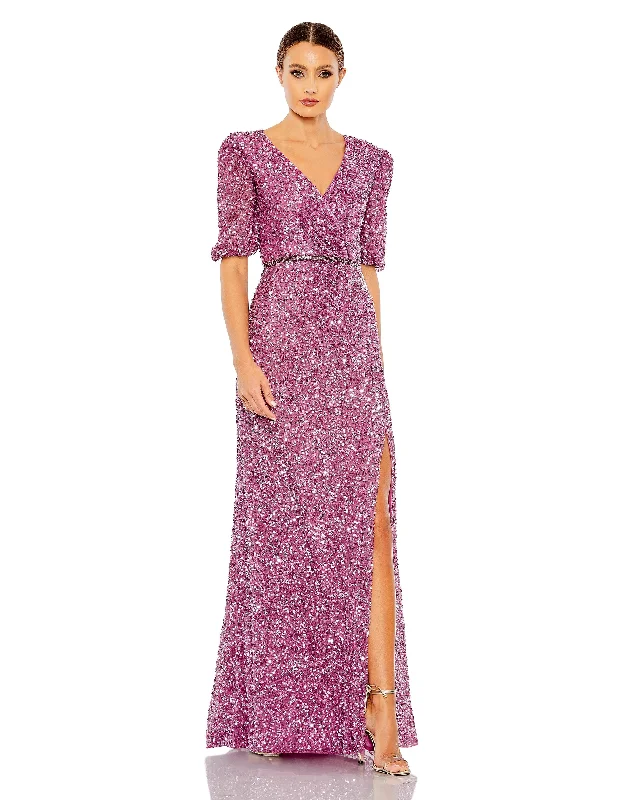 Bodycon dress with a belted waist for a defined figureMac Duggal 5610 Short Puff Sleeve Formal Long Gown Bodycon dress with a belted waist for a defined figureMac Duggal 5610 Short Puff Sleeve Formal Long Gown