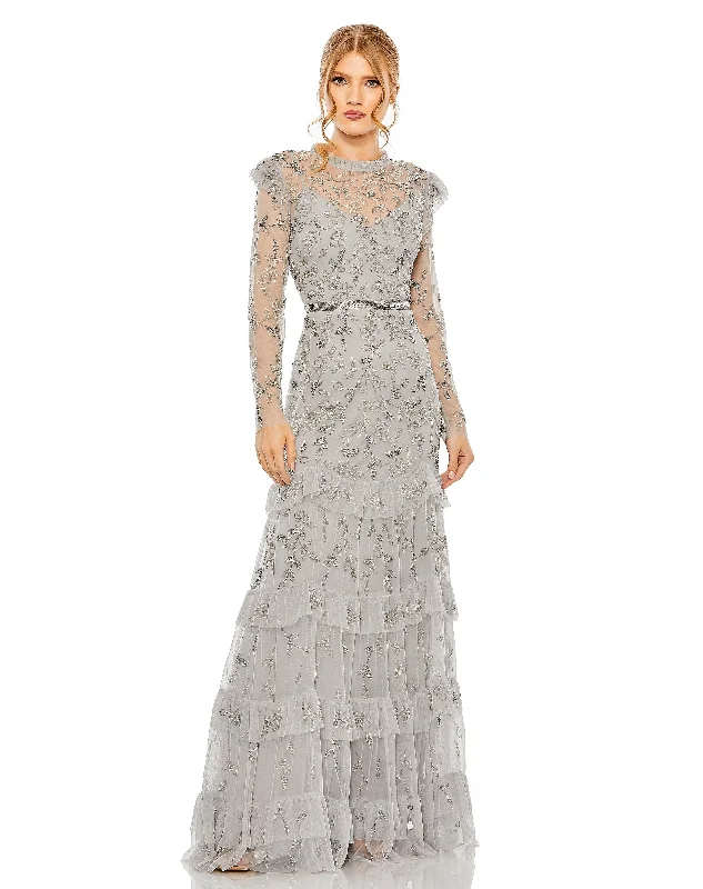 Bodycon dress with a peplum hem​Mac Duggal 9237 Long Sleeve Formal Chiffon Gown