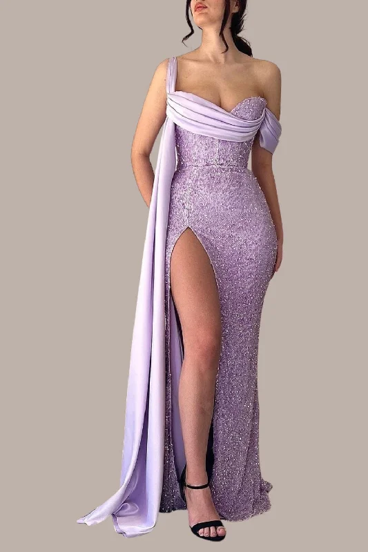 Party dresses with a sheer panel for a hint of allureMermaid Sparkly Purple Long Prom Dress with Slit Party dresses with a sheer panel for a hint of allureMermaid Sparkly Purple Long Prom Dress with Slit