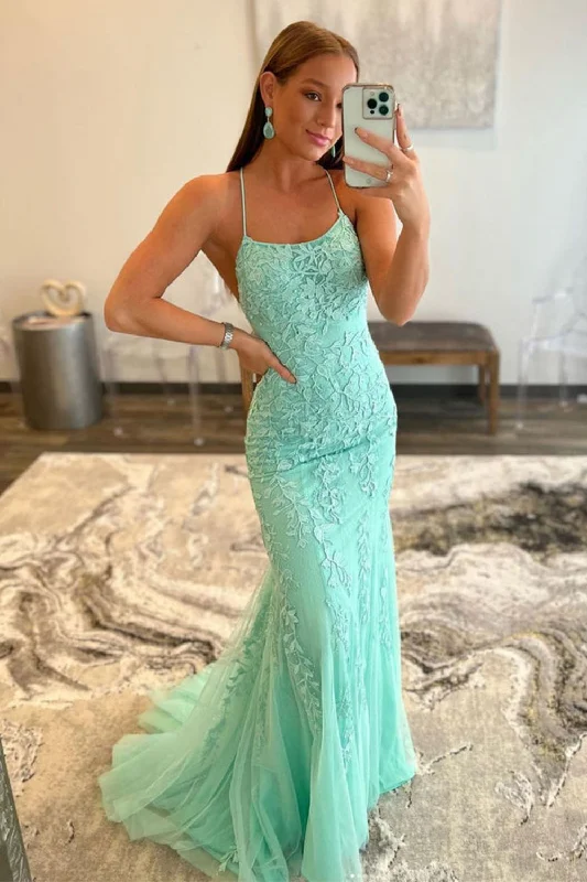 Party dresses with a paisley pattern for a bohemian - inspired lookMint Spaghetti Straps Appliques Prom Dress Party dresses with a paisley pattern for a bohemian - inspired lookMint Spaghetti Straps Appliques Prom Dress