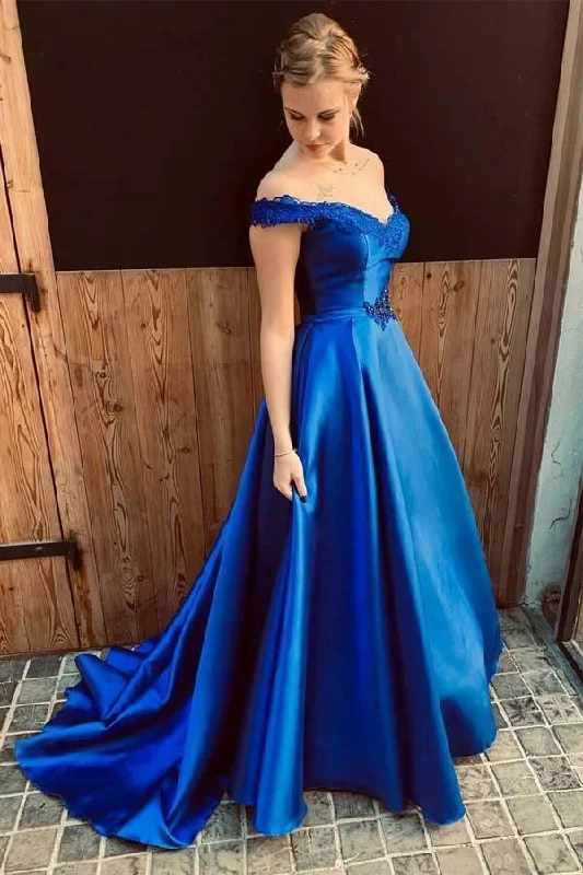 Retro - style party dresses inspired by the 1920s - 1980sOff the Shoulder Royal Blue Long Prom Dress with Lace-Up Back PG861 Retro - style party dresses inspired by the 1920s - 1980sOff the Shoulder Royal Blue Long Prom Dress with Lace-Up Back PG861