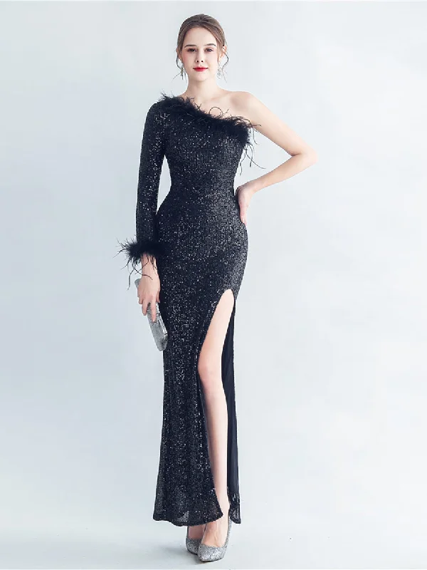 Long - sleeved formal dresses in velvet for a winter formal eventOne Shoulder Feather Split Prom Dress MCW1138 Long - sleeved formal dresses in velvet for a winter formal eventOne Shoulder Feather Split Prom Dress MCW1138