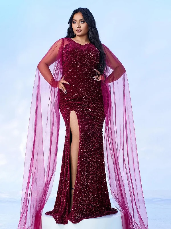 Prom dresses with metallic - colored fabrics and beaded embroidery for a glamorous promPlus Burgundy Panel Sequin Split Prom Dress PMES00533 Prom dresses with metallic - colored fabrics and beaded embroidery for a glamorous promPlus Burgundy Panel Sequin Split Prom Dress PMES00533