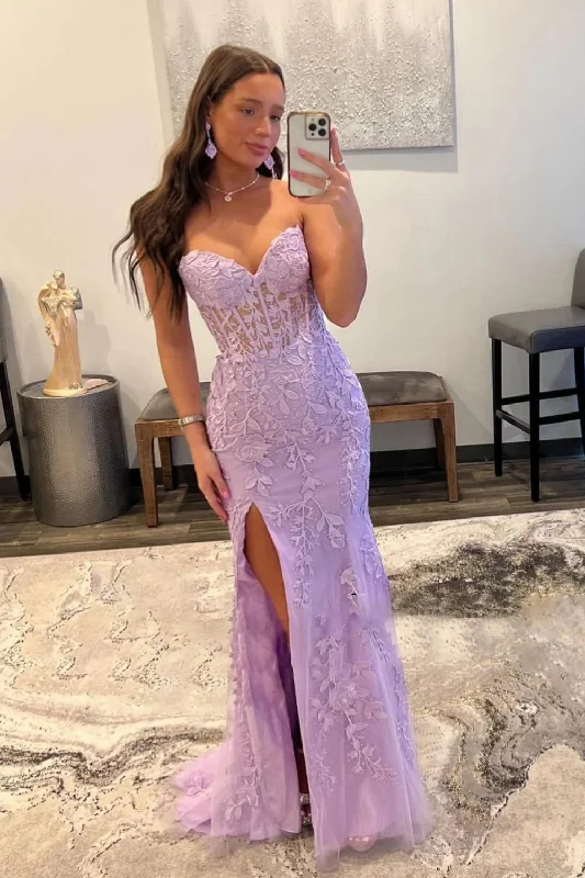 Beach party dresses made of lightweight and breathable fabricPurple Corset Sweetheart Long Lace Prom Dress with Slit Beach party dresses made of lightweight and breathable fabricPurple Corset Sweetheart Long Lace Prom Dress with Slit