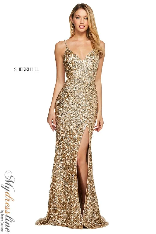 Prom dresses with tiered ruffled sleeves and satin skirts for a feminine and voluminous lookSherri Hill 53449 Prom dresses with tiered ruffled sleeves and satin skirts for a feminine and voluminous lookSherri Hill 53449