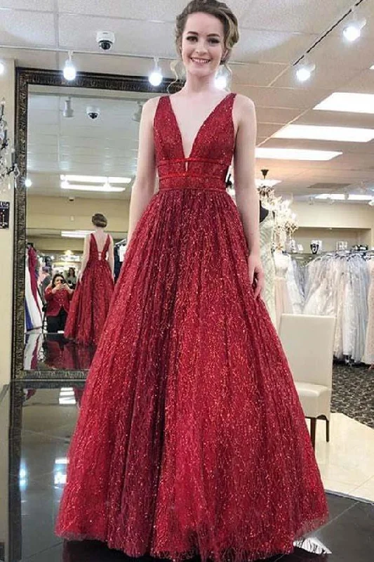 Party dresses with a sheer panel for a hint of allure​Shop Elegant V neck Tulle Sequins Burgundy Long Prom Party Dress PG864