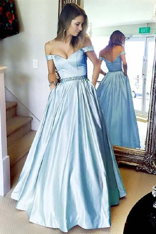 Party dresses with a lace overlay for a feminine touchSimple A-line Off the shoulder Blue Long Prom Dress with Pocket PG894 Party dresses with a lace overlay for a feminine touchSimple A-line Off the shoulder Blue Long Prom Dress with Pocket PG894