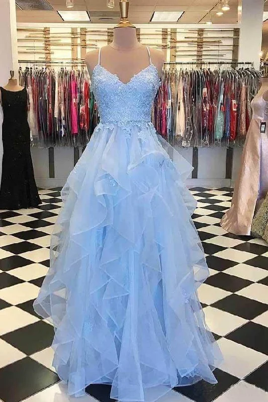 Party dresses with a one - shoulder design for a modern and unique lookSky Blue Ruffle Skirt Prom Dresses Spaghetti Strap Junior Prom Dress PG889 Party dresses with a one - shoulder design for a modern and unique lookSky Blue Ruffle Skirt Prom Dresses Spaghetti Strap Junior Prom Dress PG889