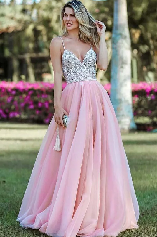 Evening party dresses with a long train for a dramatic entranceSpaghetti Straps Backless Beading Pink Long Prom/Evening Dress PG885 Evening party dresses with a long train for a dramatic entranceSpaghetti Straps Backless Beading Pink Long Prom/Evening Dress PG885