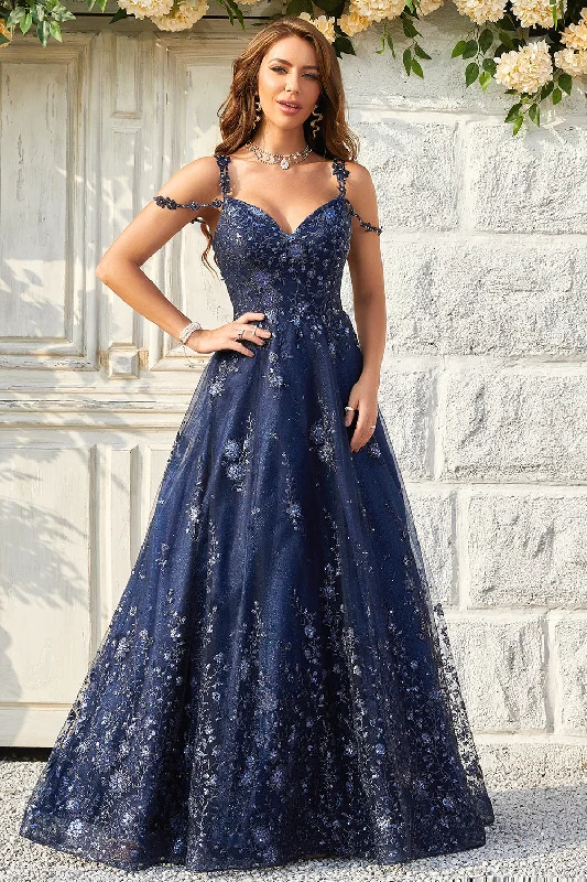Party dresses with a ruched fabric for a textured and flattering effectSpaghetti Straps Sequins Navy Ball Gown Dress Party dresses with a ruched fabric for a textured and flattering effectSpaghetti Straps Sequins Navy Ball Gown Dress