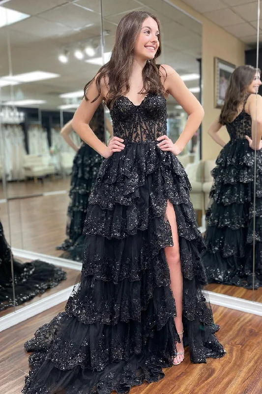 Party dresses with a jacquard pattern for a rich and detailed lookSparkly Black Off The Shoulder Tiered Corset Prom Dress Party dresses with a jacquard pattern for a rich and detailed lookSparkly Black Off The Shoulder Tiered Corset Prom Dress