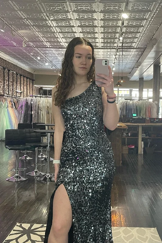 Formal dresses with wrap - around styles and beaded belts for a customized fitSparkly Black One Shoulder Mermaid Long Prom Dress With Slit Formal dresses with wrap - around styles and beaded belts for a customized fitSparkly Black One Shoulder Mermaid Long Prom Dress With Slit