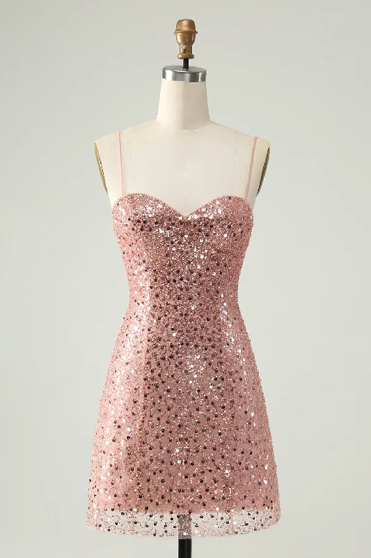 Satin party dresses with a smooth and lustrous finishSparkly Blush Spaghetti Straps Sequins A-Line Cocktail Dress Satin party dresses with a smooth and lustrous finishSparkly Blush Spaghetti Straps Sequins A-Line Cocktail Dress