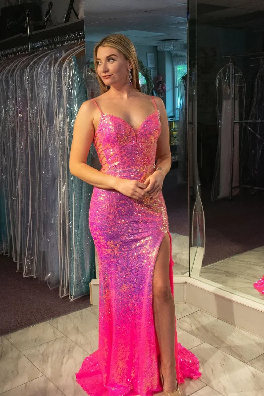 Formal dresses with gathered bodices and wide - leg skirts for a comfortable and stylish silhouetteSparkly Fuchsia Mermaid Long Sequined Prom Dress With Slit Formal dresses with gathered bodices and wide - leg skirts for a comfortable and stylish silhouetteSparkly Fuchsia Mermaid Long Sequined Prom Dress With Slit