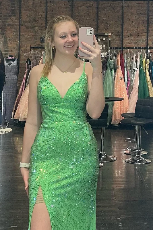 Prom dresses with pom - pom - decorated hems and cotton - blend fabrics for a playful and comfortable formal styleSparkly Green Mermaid Spaghetti Straps Long Prom Dress With Slit Prom dresses with pom - pom - decorated hems and cotton - blend fabrics for a playful and comfortable formal styleSparkly Green Mermaid Spaghetti Straps Long Prom Dress With Slit