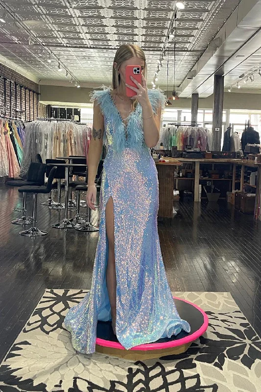 A - line formal dresses with beaded lace appliques for formal eventsSparkly Light Blue Mermaid Backless Long Feathered Prom Dress With Slit A - line formal dresses with beaded lace appliques for formal eventsSparkly Light Blue Mermaid Backless Long Feathered Prom Dress With Slit