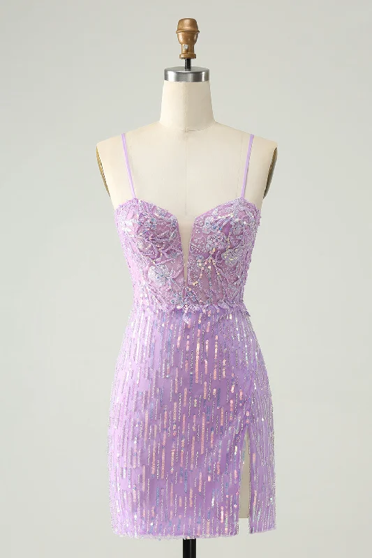 Gothic - style party dresses for a dark and mysterious lookSparkly Lilac Sequins Bodycon Mini Party Dress with Slit Gothic - style party dresses for a dark and mysterious lookSparkly Lilac Sequins Bodycon Mini Party Dress with Slit