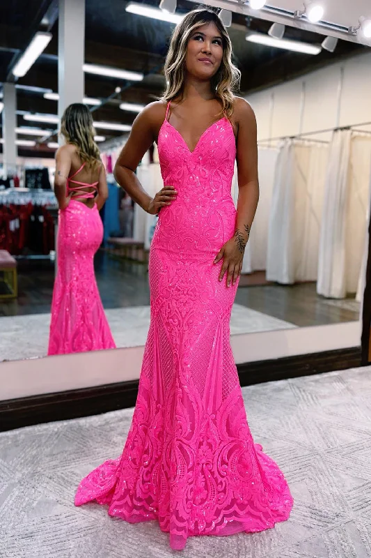 Party dresses with a jacquard pattern for a rich and detailed lookSparkly Mermaid Backless Hot Pink Sequins Long Prom Dress Party dresses with a jacquard pattern for a rich and detailed lookSparkly Mermaid Backless Hot Pink Sequins Long Prom Dress