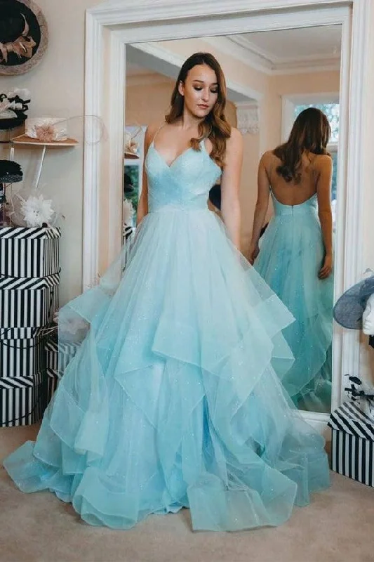 Empire - waist party dresses to accentuate the waistlineSparkly Blue Straps Ruffles Long Prom/Evening Dress with Open Back PG891 Empire - waist party dresses to accentuate the waistlineSparkly Blue Straps Ruffles Long Prom/Evening Dress with Open Back PG891