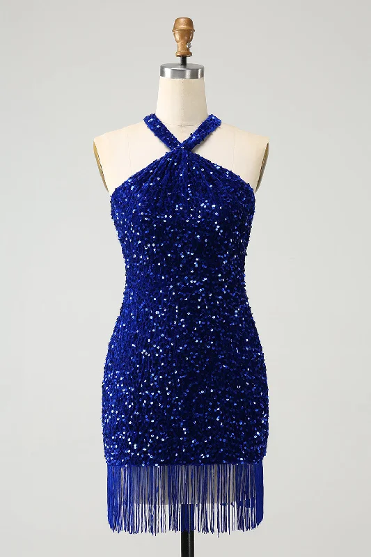 Party dresses with a detachable train for added versatilitySparkly Royal Blue Bodycon Halter Sequin Party Dress with Tassel Party dresses with a detachable train for added versatilitySparkly Royal Blue Bodycon Halter Sequin Party Dress with Tassel