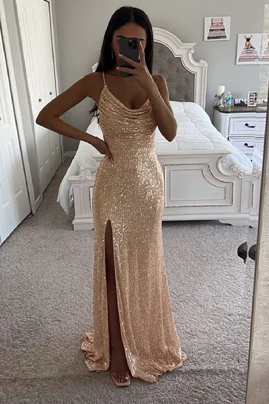 Tea - length party dresses for a sophisticated and versatile optionSparkly Spaghetti Straps Champagne Long Prom Dress with Slit Tea - length party dresses for a sophisticated and versatile optionSparkly Spaghetti Straps Champagne Long Prom Dress with Slit