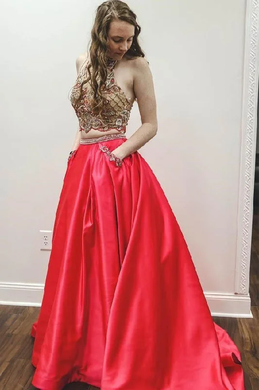 Party dresses with a tiered skirt for a fun and voluminous styleSparkly Two Piece Beaded Satin Red High Neck Long Prom Dress PG866 Party dresses with a tiered skirt for a fun and voluminous styleSparkly Two Piece Beaded Satin Red High Neck Long Prom Dress PG866