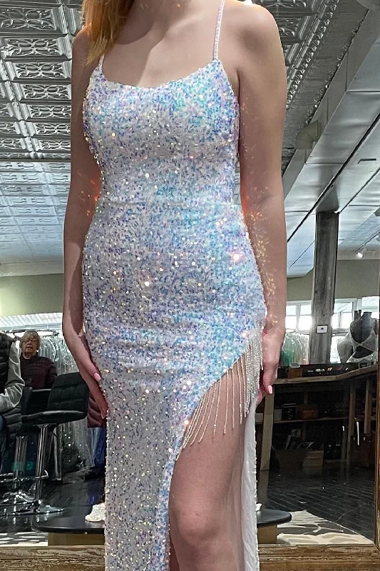 A - line formal dresses with beaded lace appliques for formal eventsSparkly White Mermaid Long Prom Dress With Fringed Slit A - line formal dresses with beaded lace appliques for formal eventsSparkly White Mermaid Long Prom Dress With Fringed Slit