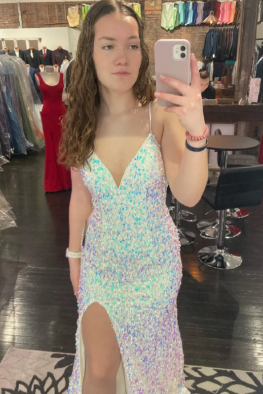 Prom dresses with one - shoulder ruffled straps and geometric patterns for a contemporary and eye - catching formal eventSparkly White Mermaid V Neck Long Prom Dress With Slit Prom dresses with one - shoulder ruffled straps and geometric patterns for a contemporary and eye - catching formal eventSparkly White Mermaid V Neck Long Prom Dress With Slit