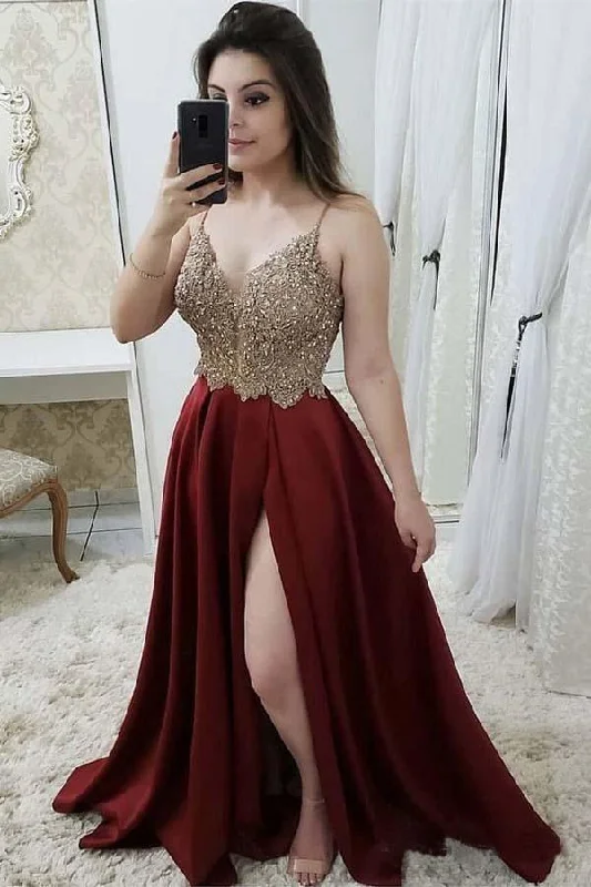 Long - length party dresses with a high - low hem for a trendy styleStrap A Line Maroon Long Beaded Prom Dresses with Split and Gold Lace PG871 Long - length party dresses with a high - low hem for a trendy styleStrap A Line Maroon Long Beaded Prom Dresses with Split and Gold Lace PG871