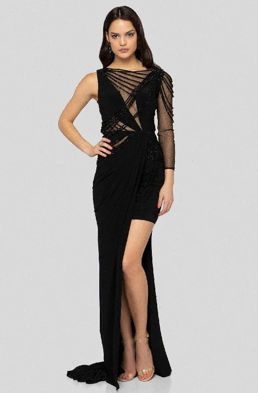 Long - sleeved formal dresses in velvet for a winter formal eventTerani Couture - 1913P8392 Embellished Bateau Sheath Dress With Train Long - sleeved formal dresses in velvet for a winter formal eventTerani Couture - 1913P8392 Embellished Bateau Sheath Dress With Train