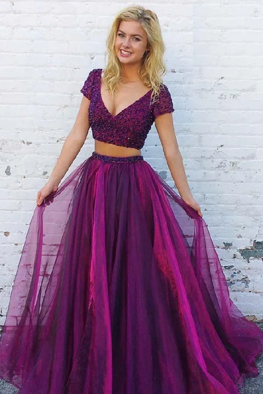 Party dresses with a V - neck design to enhance the necklineTwo Piece V-Neck Short Sleeves Purple Tulle Prom Dress with Beading PG842 Party dresses with a V - neck design to enhance the necklineTwo Piece V-Neck Short Sleeves Purple Tulle Prom Dress with Beading PG842
