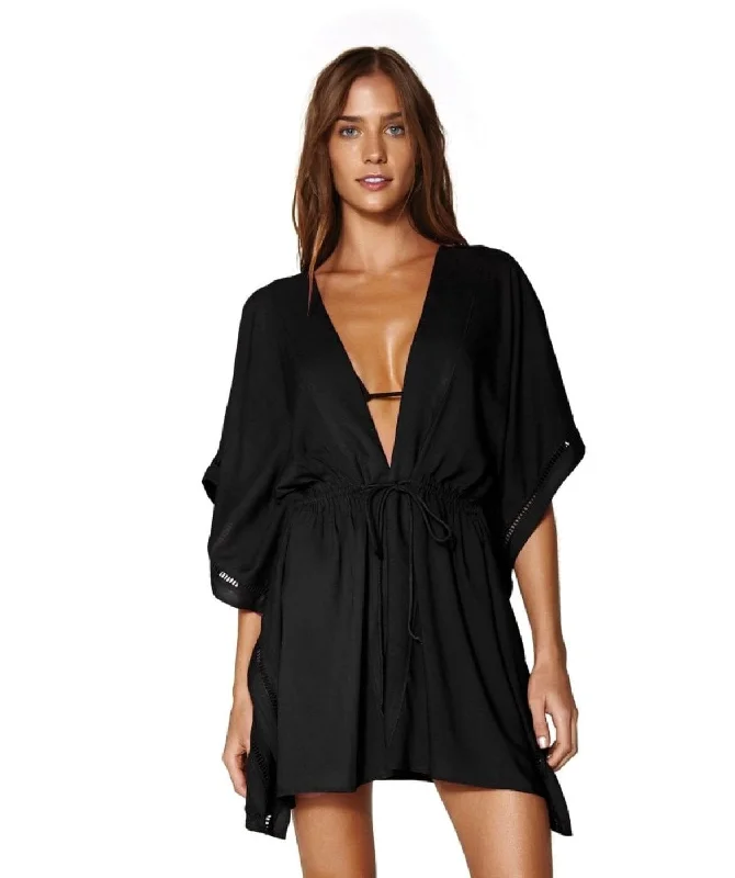 Drawstring - closure cover ups for adjustable sizingEmbroidery Kimono - Black