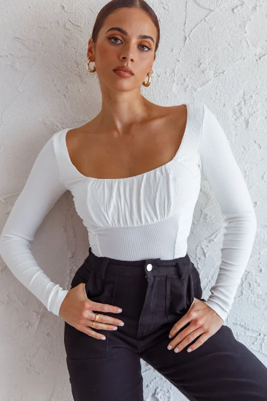 Cut - Out Bodysuits for a Trendy and Fashion - Forward StyleBobbi Long Sleeve Ruched Side Ribbed Bodysuit White Cut - Out Bodysuits for a Trendy and Fashion - Forward StyleBobbi Long Sleeve Ruched Side Ribbed Bodysuit White